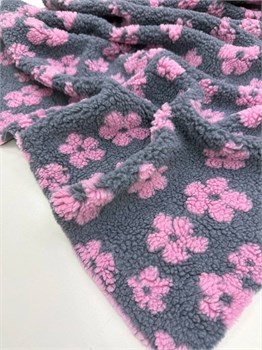 Мех шерпа цветы розовые на сером (мш5) 10976